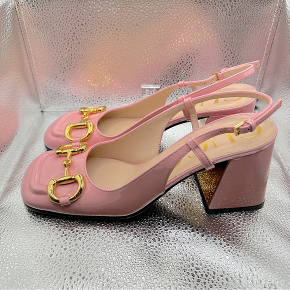 RARE GUCCI PINK BABY 75MM HORSE BIT SLINGBACK PATENT LEATHER PUMPS - Picture 2 of 7